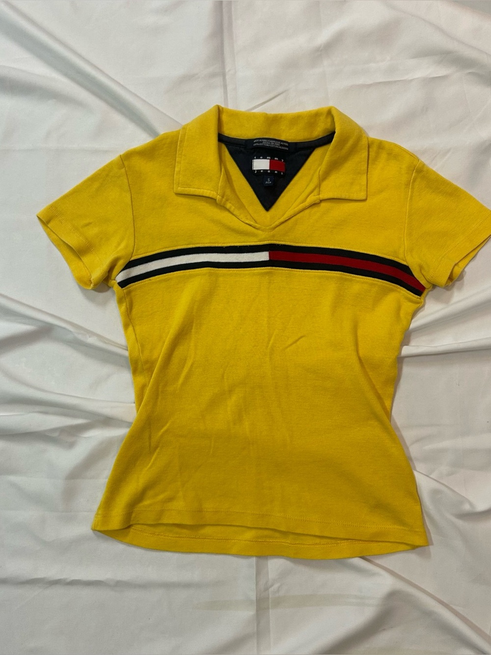 Vintage Tommy Hilfiger Yellow Baby Tee Collared Top W/Stripes size Small